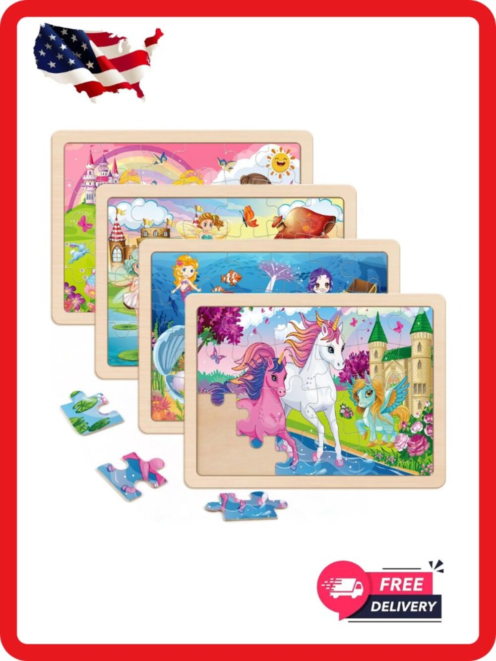 Wooden Jigsaw Puzzles for Kids 4-6 Unicorn Mermaid Princess Fairy 4-Pack 24PC